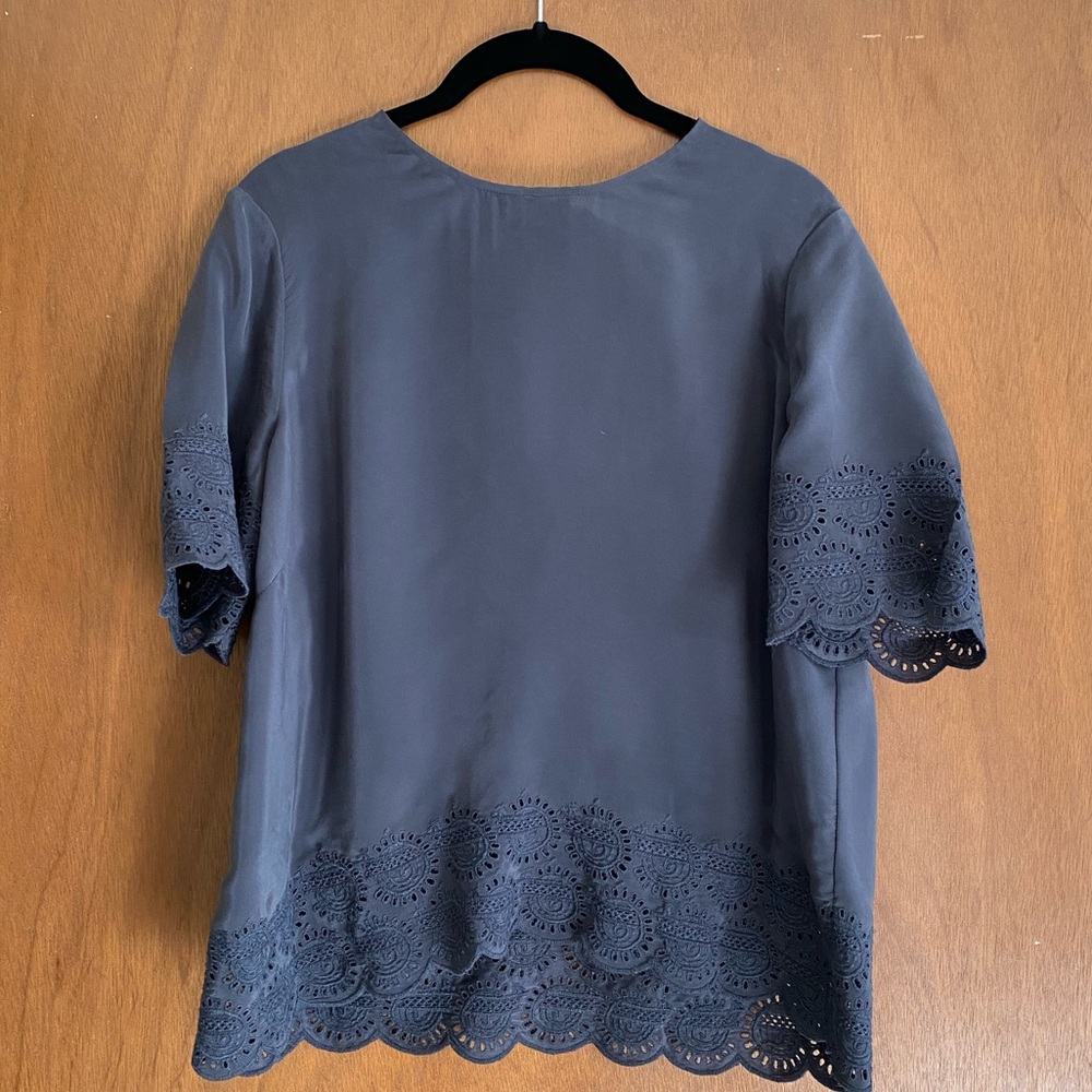 Madewell Navy Scalloped Eyelet Short Sleeve Blouse